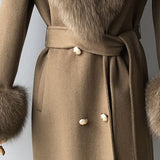 Women's Wool Coat Spring Real Fox Fur Collar Woolen Jacket Adjustable Waist Slim Ladies Long Overcoat