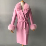 Women's Wool Coat Spring Real Fox Fur Collar Woolen Jacket Adjustable Waist Slim Ladies Long Overcoat