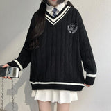 New Japanese Wear Pullover Jk Sweater  Loose V-Neck Regular Long SleevesStudent Hollow Out Knitting Loose Women Pullover