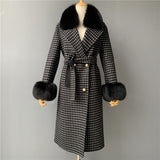 Women's Wool Coat Spring Real Fox Fur Collar Woolen Jacket Adjustable Waist Slim Ladies Long Overcoat