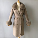 Women's Wool Coat Spring Real Fox Fur Collar Woolen Jacket Adjustable Waist Slim Ladies Long Overcoat