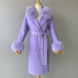 Women's Wool Coat Spring Real Fox Fur Collar Woolen Jacket Adjustable Waist Slim Ladies Long Overcoat