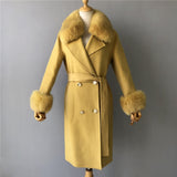 Women's Wool Coat Spring Real Fox Fur Collar Woolen Jacket Adjustable Waist Slim Ladies Long Overcoat