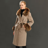 Women's Wool Coat Spring Real Fox Fur Collar Woolen Jacket Adjustable Waist Slim Ladies Long Overcoat