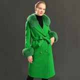 Women's Wool Coat Spring Real Fox Fur Collar Woolen Jacket Adjustable Waist Slim Ladies Long Overcoat