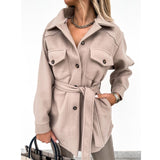 Autumn Winter Women With Belt Woolen Jacket Coat Outerwear Fashion Vintage Solid Loose Pockets Button Long Sleeve Outwear