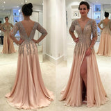 Nukty Crystal Beading Long Sleeve Evening Dresses A-Line Side Slit V-Neck Chiffon Luxury Party Prom Gown Backless Floor Length