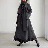 New arrival fashion Autumn Winter x-long woolen coat women Loose Plus Size Belt overcoat with scarf