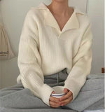Chic Turn-down Collar Sweater Women Solid Casual Knit Pullover Long Sleeve Autumn Winter Fashion Korean Jumper