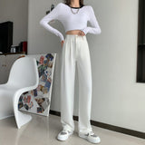 Retro Solid Color Wild Straight Leg Pants High Waist Fashion Wide Leg Pants Ladies White Suit Pants Office Casual Trousers