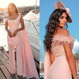 Jumpsuit Evening Dresses With Pants Suit Light Pink Party Prom Gown With Cape One Shoulder Feathers Sequins Warp Elegant