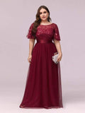 Nukty Plus Size Dress Robe De Soiree Sparkle Evening Dresses Long A-Line O-Neck Short Sleeve LONG Formal Dresses