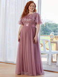 Nukty Plus Size Dress Robe De Soiree Sparkle Evening Dresses Long A-Line O-Neck Short Sleeve LONG Formal Dresses