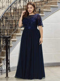 Nukty Plus Size Dress Robe De Soiree Sparkle Evening Dresses Long A-Line O-Neck Short Sleeve LONG Formal Dresses