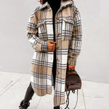 Winter Checked Women Jacket Turn Down Overcoat Thin Plaid Long Coat Oversize Thin Retro Female Streetwear Shirt Jacket