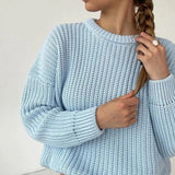 NUKTY Women Solid Knitted Sweater Autumn Winter Casual Round Neck Long Sleeve Pullovers Female Loose Jumper Tops Oversized Sweaters