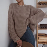 NUKTY Women Solid Knitted Sweater Autumn Winter Casual Round Neck Long Sleeve Pullovers Female Loose Jumper Tops Oversized Sweaters