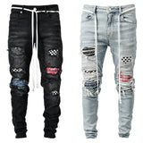 Fashion Skinny Jeans Men Ripped Grid Patchwork Stretch Denim Pencil Pants Elastic Hip-Hop Motorbike Jogging Pencil Pants