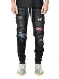 Fashion Skinny Jeans Men Ripped Grid Patchwork Stretch Denim Pencil Pants Elastic Hip-Hop Motorbike Jogging Pencil Pants