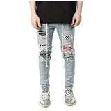 Fashion Skinny Jeans Men Ripped Grid Patchwork Stretch Denim Pencil Pants Elastic Hip-Hop Motorbike Jogging Pencil Pants