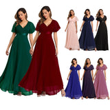 Beauty-Emily Short Sleeve Evening Dresses Elegant V-Neck Ruffles Chiffon Formal Prom Gown Party Dress Robe De Soiree