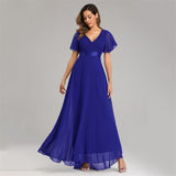 Beauty-Emily Short Sleeve Evening Dresses Elegant V-Neck Ruffles Chiffon Formal Prom Gown Party Dress Robe De Soiree