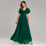 Beauty-Emily Short Sleeve Evening Dresses Elegant V-Neck Ruffles Chiffon Formal Prom Gown Party Dress Robe De Soiree