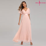 Beauty-Emily Short Sleeve Evening Dresses Elegant V-Neck Ruffles Chiffon Formal Prom Gown Party Dress Robe De Soiree