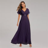 Beauty-Emily Short Sleeve Evening Dresses Elegant V-Neck Ruffles Chiffon Formal Prom Gown Party Dress Robe De Soiree