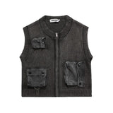 Men's Streetwear Vintage Knitted Vest Men Three-dimensional Multi-pocket Autumn Winter  New Zipped Sleeveless Waistcoat