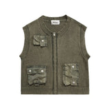 Men's Streetwear Vintage Knitted Vest Men Three-dimensional Multi-pocket Autumn Winter  New Zipped Sleeveless Waistcoat