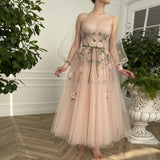 Charming A-Line Party Prom Dress Lolely Transparent Long Sleeve Flowers  Ankle Length Evening Dress Special Occasion Gowns